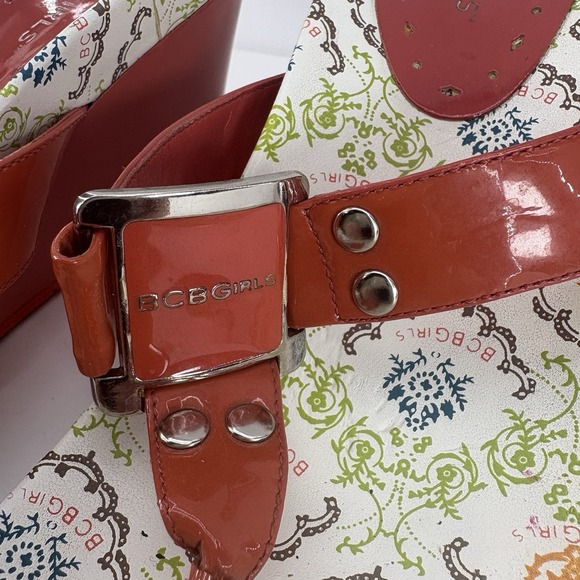 BCBGirls Wedge Heel Flip Flops Womens Size 8 Orange White Logo Print Y2K Sandals - Picture 7 of 11
